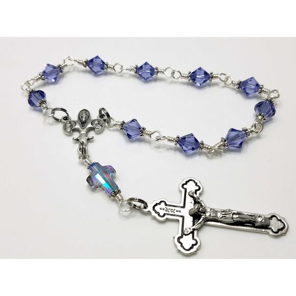 Handmade Purple Swarovski One Decade Rosary Fleur-de-Lis Center Unbreakable - Picture 4 of 10
